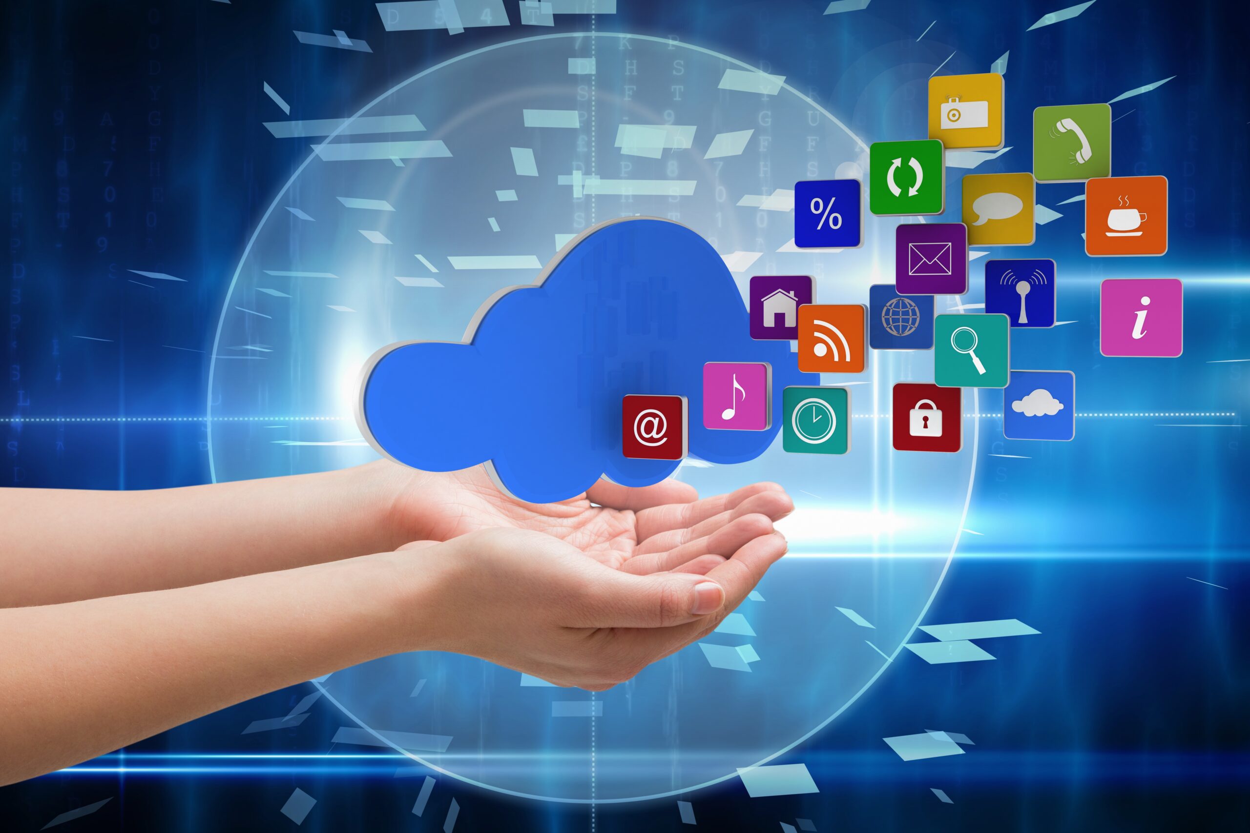 Cloud computing concept illustration with hands holding a blue cloud icon and colorful digital app icons, symbolizing SaaS, DevOps, and cloud-native technology.