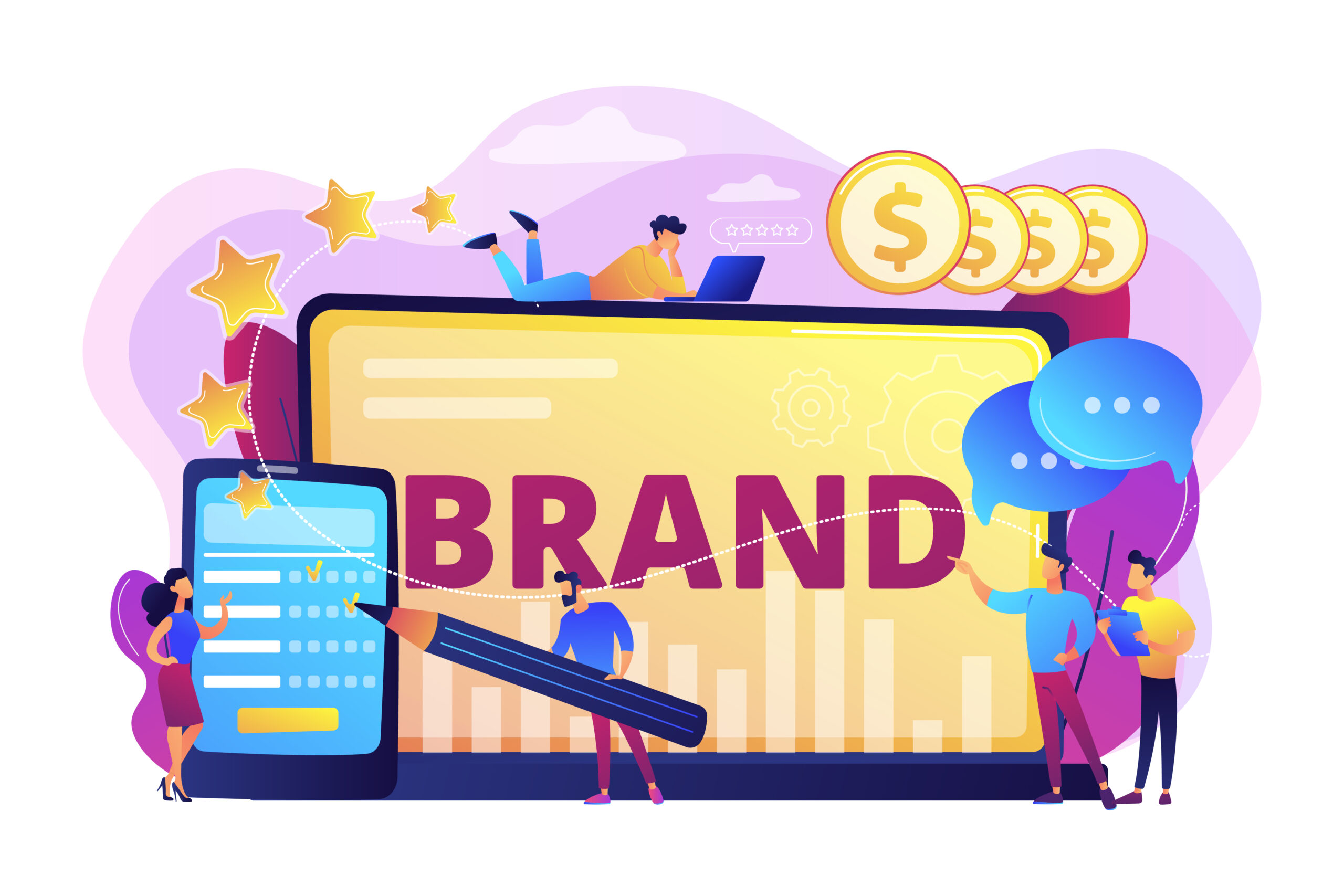 Illustration of people building and promoting a brand using digital tools, ratings, and communication icons.