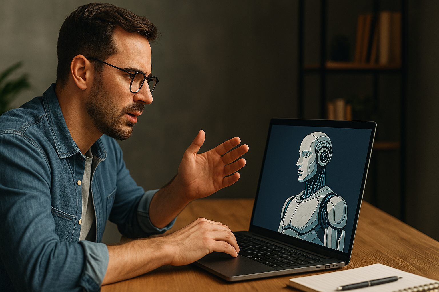 A man engages with a humanoid robot on his laptop, symbolizing humans training AI with real conviction.
