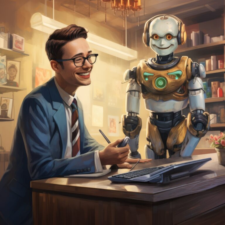 A digital artwork depicting AI's role in the workplace, showcasing advanced tools and collaborative environments for future jobs.