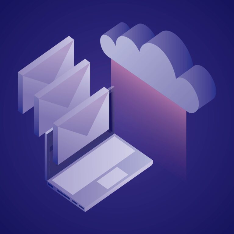 Email icon displayed alongside a laptop and cloud, symbolizing digital communication and cloud storage.