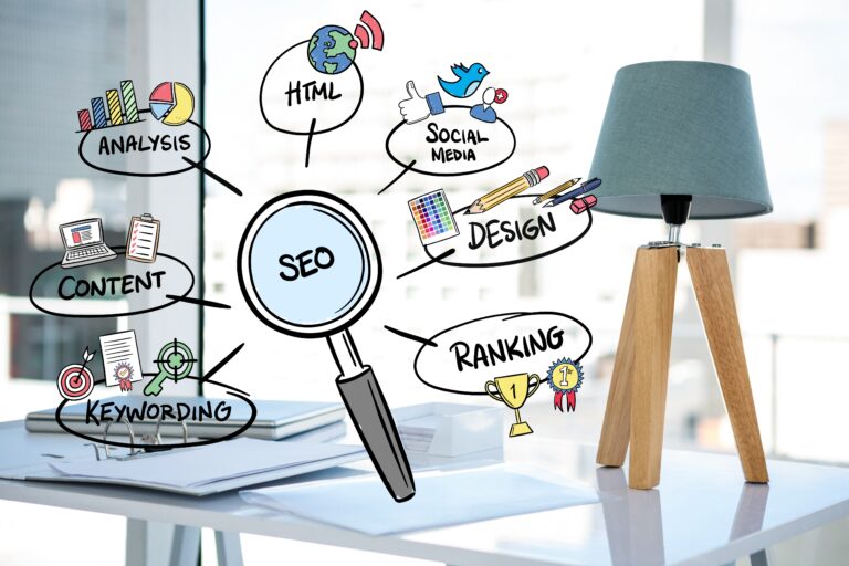 SEO concept illustration showing a magnifying glass with branches leading to elements like analysis, HTML, social media, design, ranking, keywording, and content.