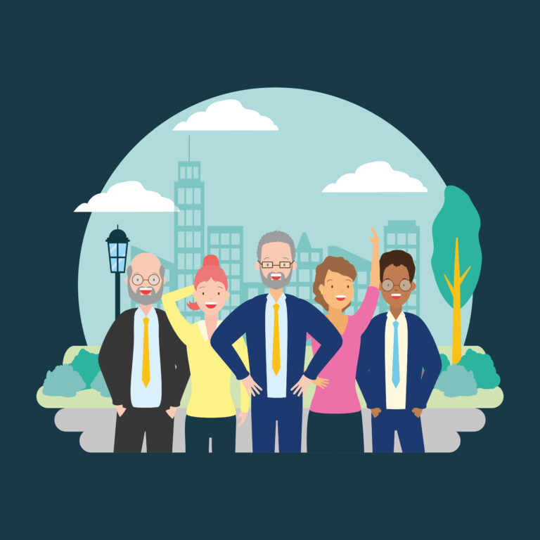 Founder leading a diverse business team in front of city buildings.
