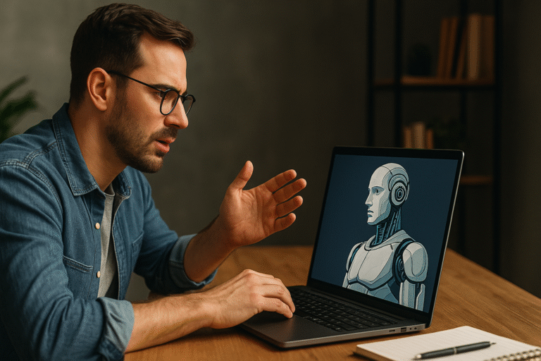 A man engages with a humanoid robot on his laptop, symbolizing humans training AI with real conviction.