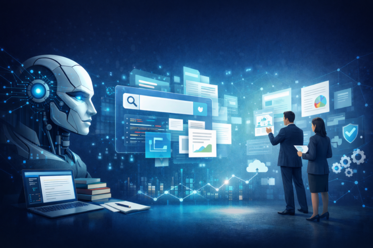 AI robot and two business professionals analyzing holographic search and data dashboards in a modern digital environment.